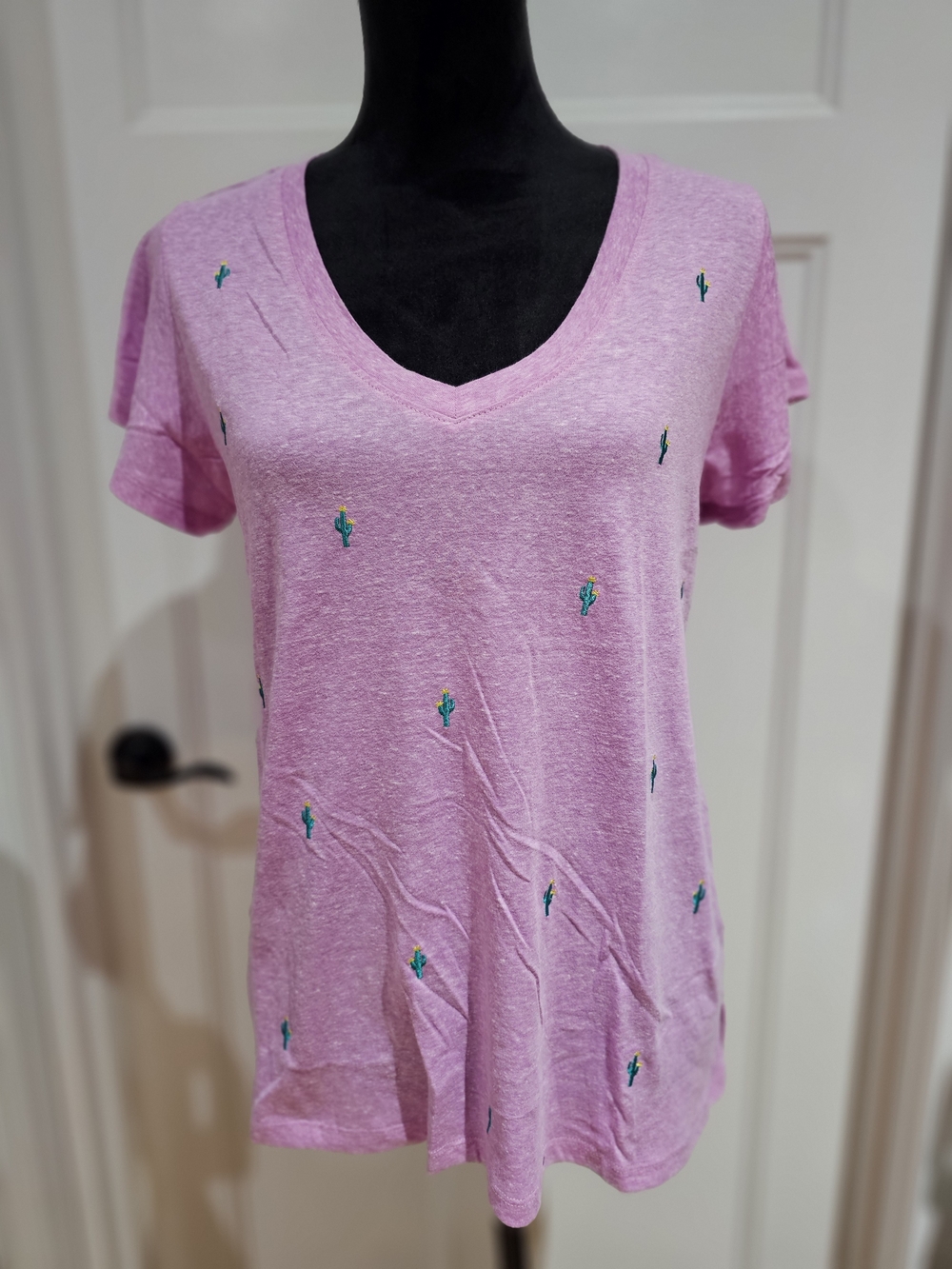 Democracy Pink V-Neck Tee with Tiny Cactus Embroidery, NWT